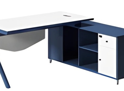 Mesa elegante con tablero blanco y espacio de almacenamiento azul
