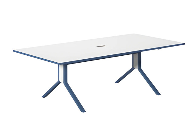 Mesa de conferencia moderna con superficie blanca y elegante diseño azul