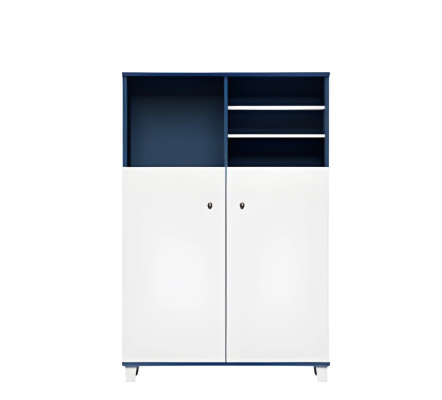 Moderno armario de oficina en azul y blanco con estantes y puertas cerradas
