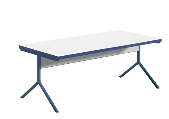 Mesa moderna con tablero blanco y base de metal azul en diseño elegante