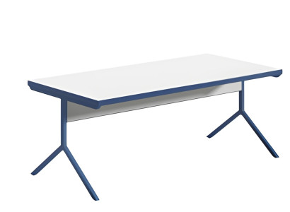 Mesa moderna con tablero blanco y base de metal azul en diseño elegante