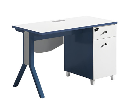 Escritorio moderno azul y blanco con superficie elegante y espacio de almacenamiento