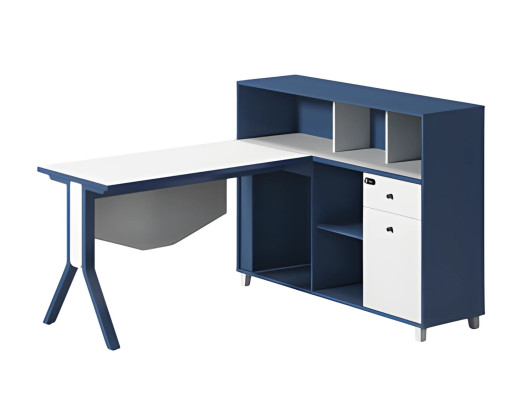 Escritorio azul y blanco con espacio de almacenamiento, estantes abiertos y patas elegantes