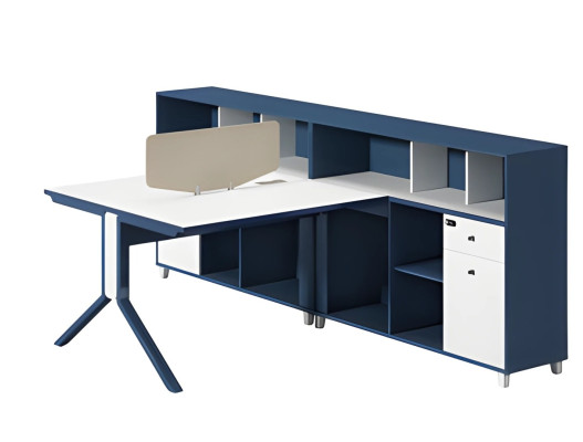 Conjunto de oficina moderno en azul y blanco con panel divisor y espacio de almacenamiento
