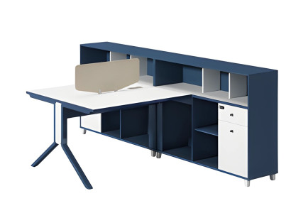 Conjunto de oficina moderno en azul y blanco con panel divisor y espacio de almacenamiento