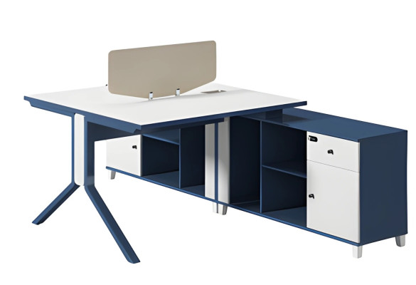 Escritorio azul y blanco con cajón, espacio de almacenamiento y patas de metal modernas