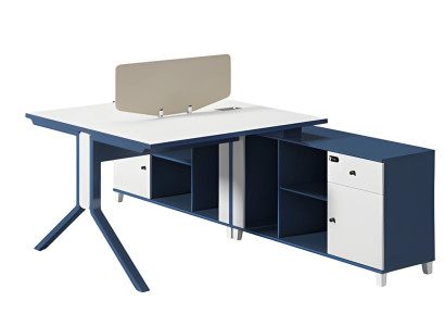 Escritorio azul y blanco con cajón, espacio de almacenamiento y patas de metal modernas