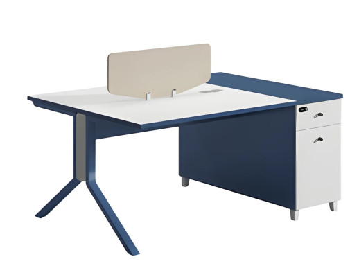 Escritorio azul y blanco con espacio de almacenamiento funcional y panel divisor práctico