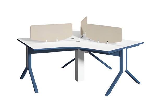 Escritorio de esquina azul y blanco con panel divisor para organizar la oficina