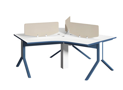 Escritorio de esquina azul y blanco con panel divisor para organizar la oficina