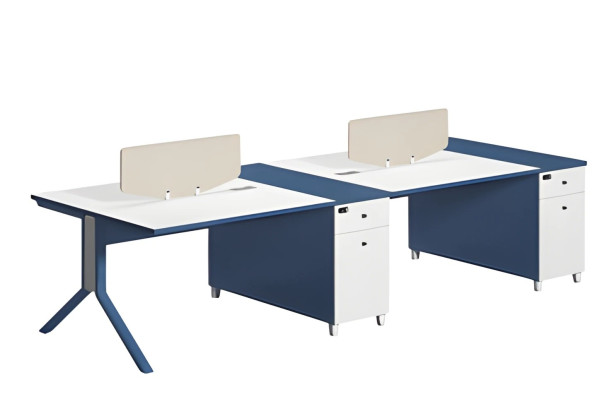 Escritorio doble azul y blanco con panel divisor moderno para oficina