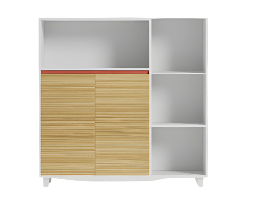Elegante armario de oficina con estantes de madera y acento rojo