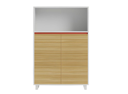 Moderno armario de oficina con estantes de madera y acento rojo para un diseño elegante