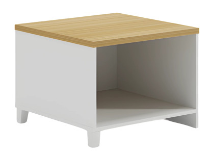 Mesa blanca moderna con tapa de madera, espacio de almacenamiento práctico y minimalista