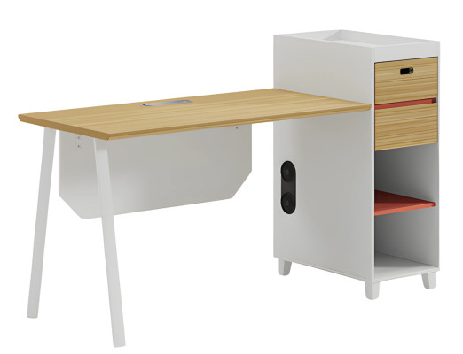 Mesa moderna de madera con espacio de almacenamiento y estantes para oficina