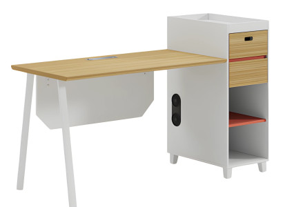 Mesa moderna de madera con espacio de almacenamiento y estantes para oficina