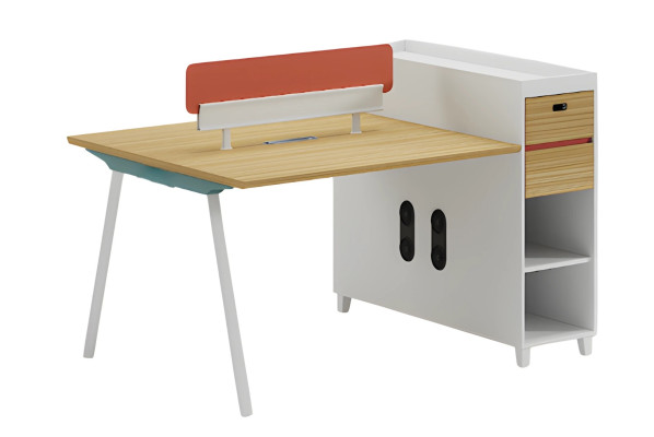 Mesa de madera con respaldo, espacio de almacenamiento y estantes, diseño moderno