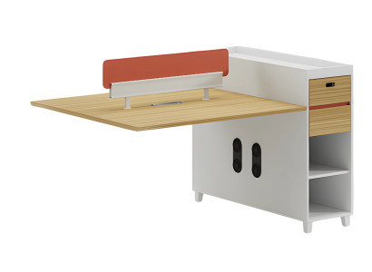 Mesa de madera con respaldo, espacio de almacenamiento y estantes, diseño moderno