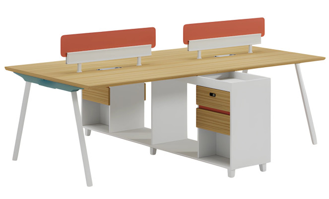 Mesa de madera con respaldo, espacio de almacenamiento y estantes, diseño moderno