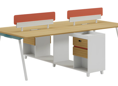 Mesa de madera con respaldo, espacio de almacenamiento y estantes, diseño moderno