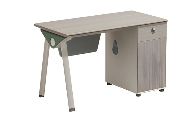 Escritorio beige con efecto madera y almacenamiento moderno para oficinas y hogares