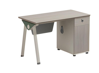 Escritorio beige con efecto madera y almacenamiento moderno para oficinas y hogares