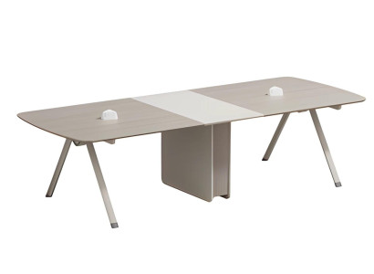 Mesa de conferencias modular en beige con cajón incorporado y diseño moderno