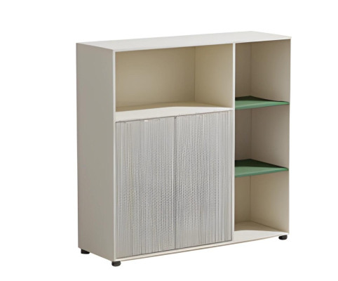 Armario de oficina modular beige con espacio de almacenamiento y estantes para un diseño de oficina moderno