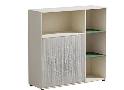 Armario de oficina modular beige con espacio de almacenamiento y estantes para un diseño de oficina moderno