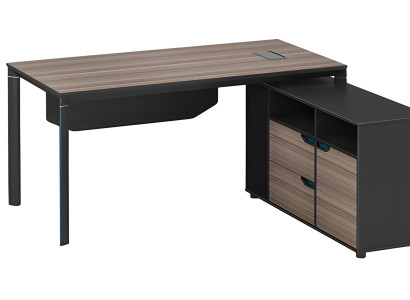 Moderna mesa de esquina de madera marrón y negra con espacio de almacenamiento