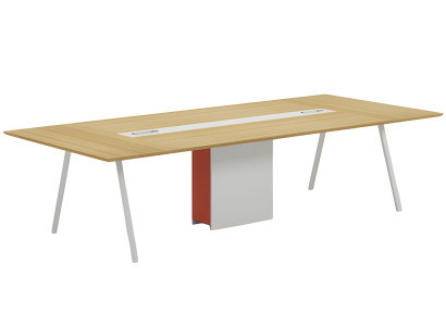 Mesa de conferencia moderna con efecto de madera blanca-naranja natural y canal de cables