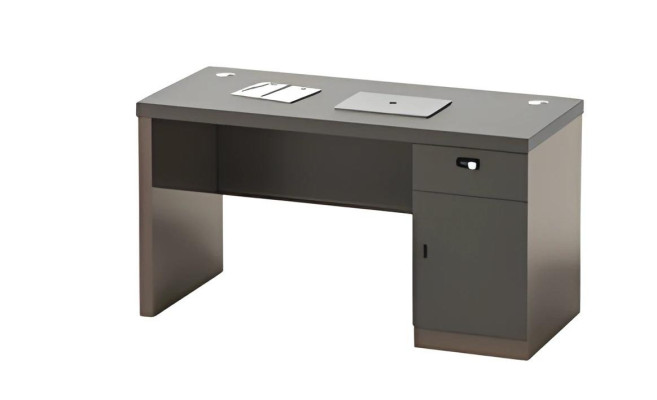 Moderna mesa negra con espacio de almacenamiento y paso de cables bloqueado