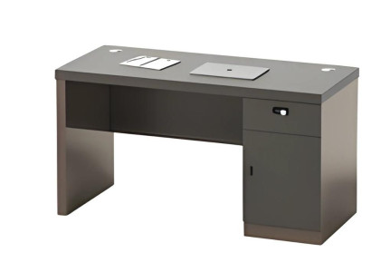 Moderna mesa negra con espacio de almacenamiento y paso de cables bloqueado