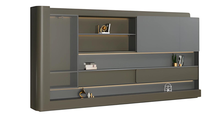 Moderno armario de oficina negro con iluminación LED gris y espacio de almacenamiento