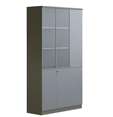 Moderno armario de oficina gris con puertas de vidrio, cerrable, gran espacio de almacenamiento