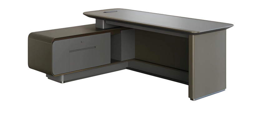 Moderna mesa de esquina en color gris con espacio de almacenamiento