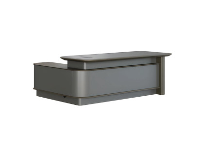 Escritorio gris moderno con espacio de almacenamiento y pasacables