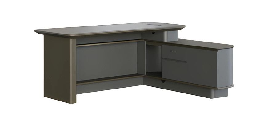 Moderno escritorio de esquina gris con espacio de almacenamiento y elegantes canales para cables