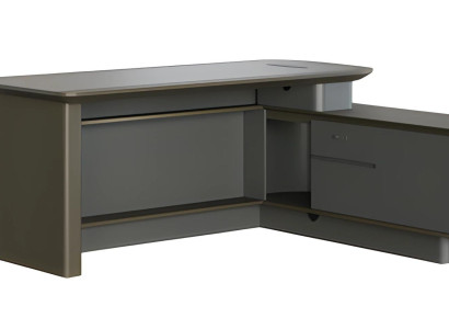 Moderno escritorio de esquina gris con espacio de almacenamiento y elegantes canales para cables