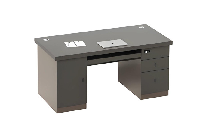 Mesa gris con espacio de almacenamiento y cajones, canales para cables, cerradura