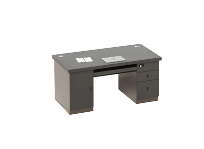 Escritorio moderno en negro y gris con espacio de almacenamiento y gestión de cables