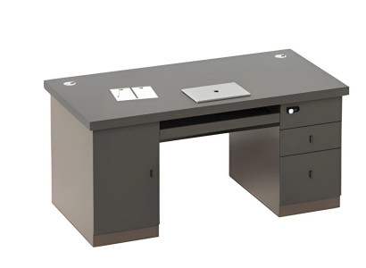 Escritorio moderno en negro y gris con espacio de almacenamiento y gestión de cables