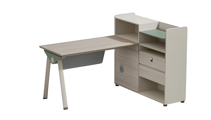 Moderno escritorio beige-gris con espacio de almacenamiento, tablero, cajones y cerradura de vidrio