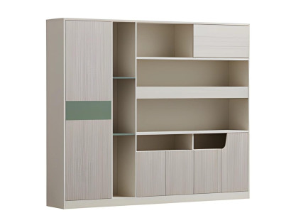 Moderna lámpara de oficina en beige y gris con puertas abiertas y estantes de vidrio