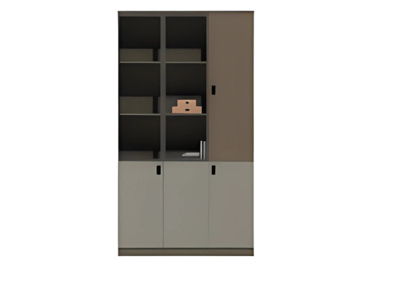 Moderno armario de oficina marrón-gris con estantes y puertas