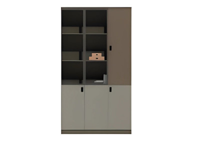 Moderno armario de oficina marrón-gris con estantes y puertas
