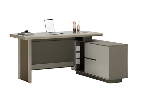Escritorio gris y beige con cajones y espacio para organización
