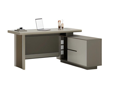 Escritorio gris y beige con cajones y espacio para organización