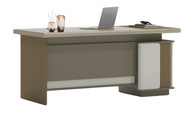 Mesa beige y gris con cajones y estante para diseño y orden en la oficina