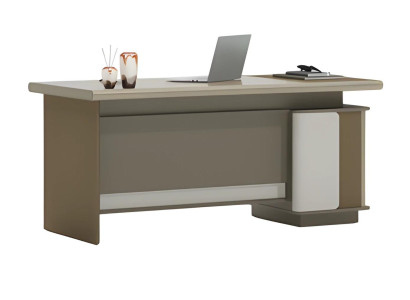 Mesa beige y gris con cajones y estante para diseño y orden en la oficina